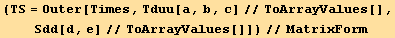 (TS = Outer[Times, Tduu[a, b, c]//ToArrayValues[], Sdd[d, e]//ToArrayValues[]])//MatrixForm