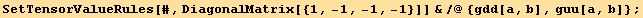 SetTensorValueRules[#, DiagonalMatrix[{1, -1, -1, -1}]] &/@{gdd[a, b], guu[a, b]} ;