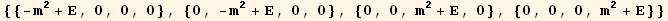 {{-m^2 + E, 0, 0, 0}, {0, -m^2 + E, 0, 0}, {0, 0, m^2 + E, 0}, {0, 0, 0, m^2 + E}}