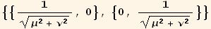 {{1/(μ^2 + ν^2)^(1/2), 0}, {0, 1/(μ^2 + ν^2)^(1/2)}}