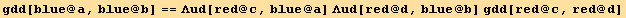 gdd[blue @ a, blue @ b] == Λud[red @ c, blue @ a] Λud[red @ d, blue @ b] gdd[red @ c, red @ d]