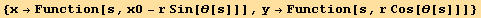 {x→Function[s, x0 - r Sin[θ[s]]], y→Function[s, r Cos[θ[s]]]}