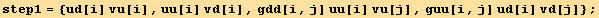 step1 = {ud[i] vu[i], uu[i] vd[i], gdd[i, j] uu[i] vu[j], guu[i, j] ud[i] vd[j]} ;