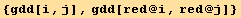 {gdd[i, j], gdd[red @ i, red @ j]}