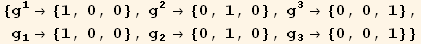{g_1^1→ {1, 0, 0}, g_2^2→ {0, 1, 0}, g_3^3→ {0, 0, 1}, g_1^1→ {1, 0, 0}, g_2^2→ {0, 1, 0}, g_3^3→ {0, 0, 1}}