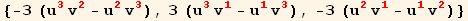 {-3 (u_3^3 v_2^2 - u_2^2 v_3^3), 3 (u_3^3 v_1^1 - u_1^1 v_3^3), -3 (u_2^2 v_1^1 - u_1^1 v_2^2)}