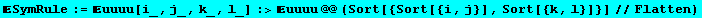 SymRule := uuuu[i_, j_, k_, l_] :>uuuu @@ (Sort[{Sort[{i, j}], Sort[{k, l}]}]//Flatten)