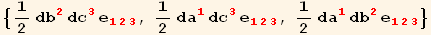{1/2 db_2^2 dc_3^3 e_ (123)^(123), 1/2 da_1^1 dc_3^3 e_ (123)^(123), 1/2 da_1^1 db_2^2 e_ (123)^(123)}