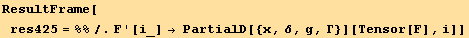 ResultFrame[res425 = %%/.F '[i_] → PartialD[{x, δ, g, Γ}][Tensor[F], i]]
