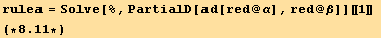 rule = Solve[%, PartialD[d[red @ α], red @ β]][[1]] (*8.11*)