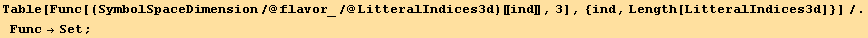 Table[Func[(SymbolSpaceDimension/@flavor_/@LitteralIndices3d)[[ind]], 3], {ind, Length[LitteralIndices3d]}]/.Func→Set ;