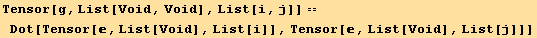 Tensor[g, List[Void, Void], List[i, j]] == Dot[Tensor[, List[Void], List[i]], Tensor[, List[Void], List[j]]]