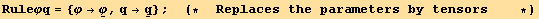 Ruleφq = {φ→Underscript[φ, _], q→Underscript[q, _]} ;     (*  Replaces the parameters by tensors    *)