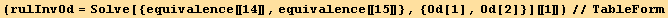 (rulInvOd = Solve[{equivalence[[14]], equivalence[[15]]}, {Od[1], Od[2]}][[1]])//TableForm